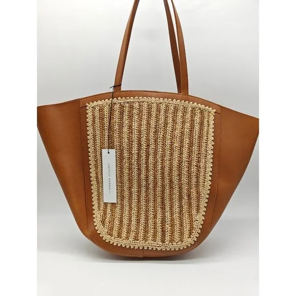 LOEFFLER RANDALL Katia crochet raffia and leather large tote- BEIGE/TAN/